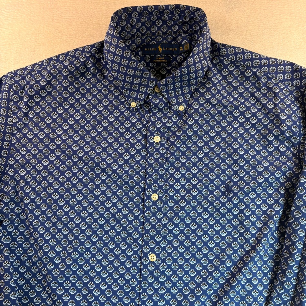 Ralph Lauren Performance Slim Fit Blue Geometric Print Button Down Shirt XL